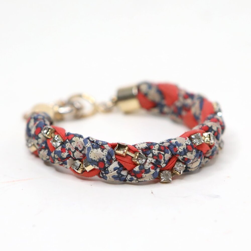 Vintage J Crew x Liberty Fabrics Braided Bracelet Rhinestones Red Blue Floral